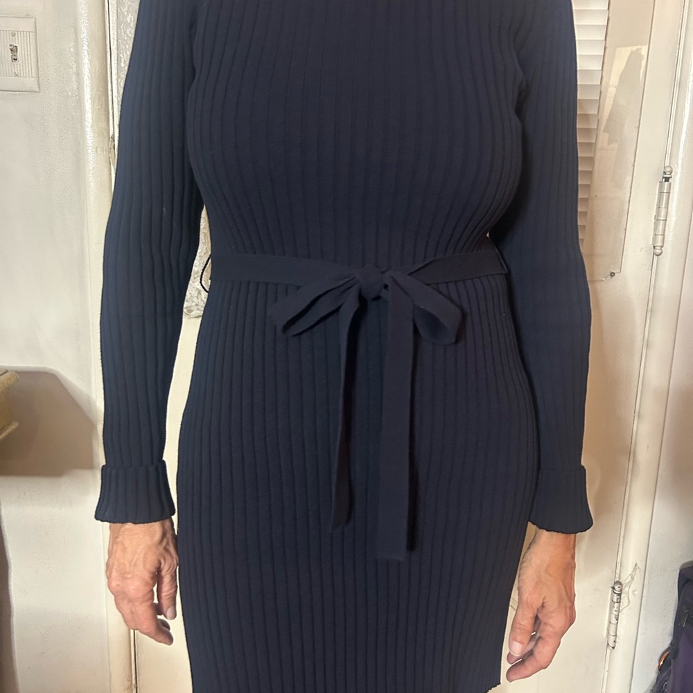 FRAME Navy Ribbed Dress w/ Belt – Size Small – 100% Cotton – Style LWSW0175